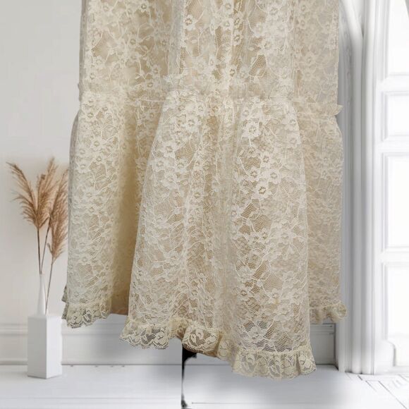 Vintage 70s Lace Puff Sleeve Midi Dress Size 4 Boho Wedding Cocktail - Picture 7 of 14